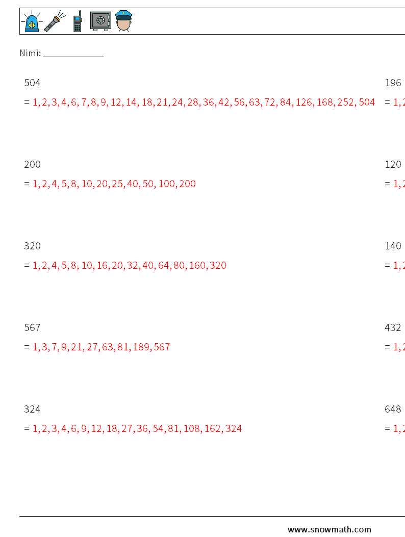 3-numeroisen luvun tekijät Matematiikan laskentataulukot 4 Kysymys, vastaus