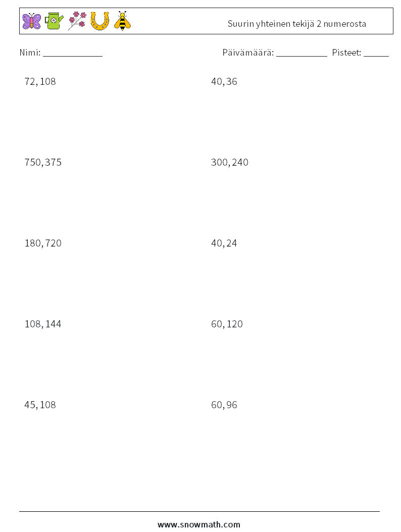 Suurin yhteinen tekijä 2 numerosta Matematiikan laskentataulukot 4