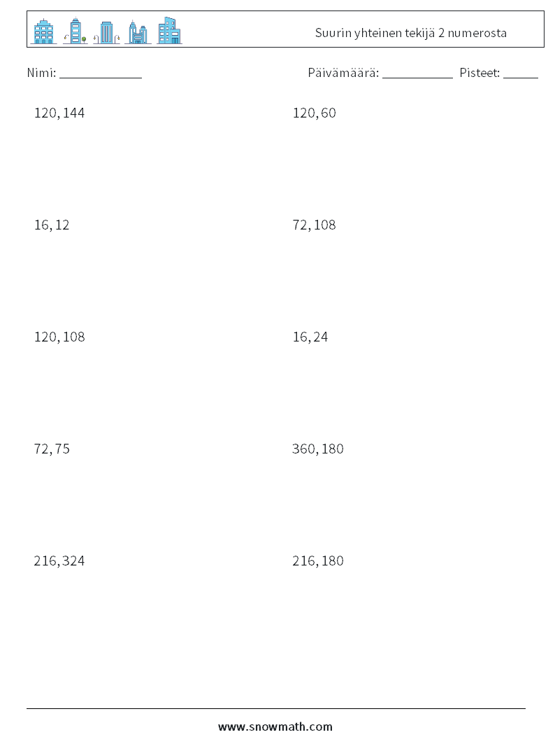 Suurin yhteinen tekijä 2 numerosta Matematiikan laskentataulukot 8