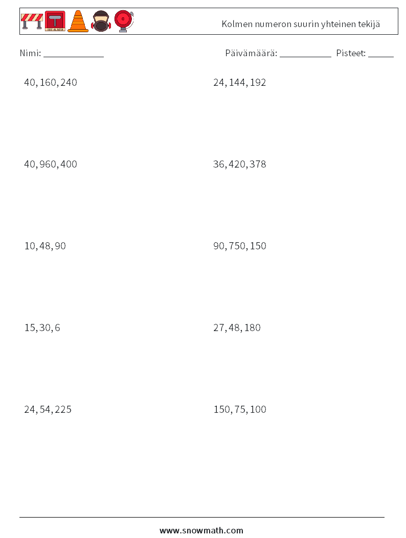 Kolmen numeron suurin yhteinen tekijä Matematiikan laskentataulukot 2