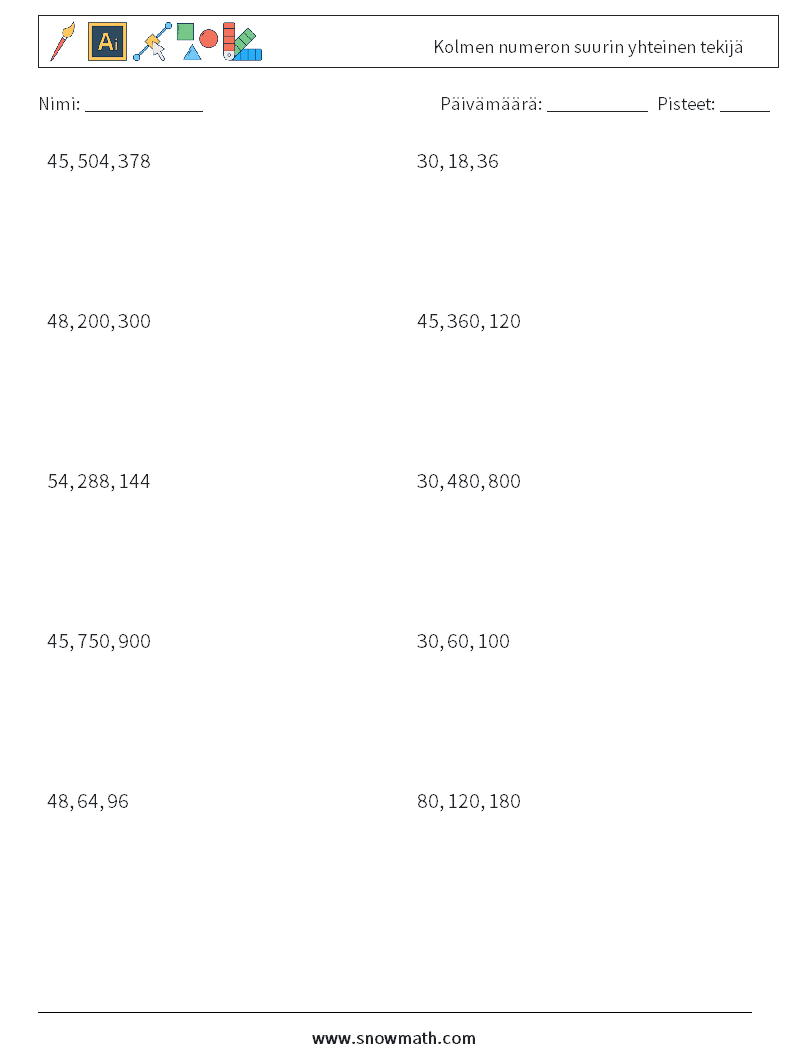 Kolmen numeron suurin yhteinen tekijä Matematiikan laskentataulukot 3