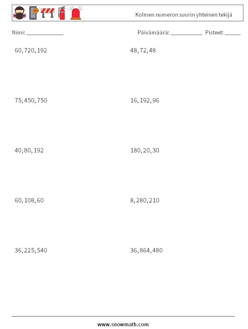 Kolmen numeron suurin yhteinen tekijä Matematiikan laskentataulukot 5