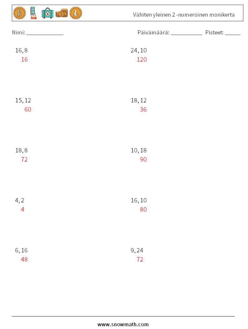 Vähiten yleinen 2 -numeroinen monikerta Matematiikan laskentataulukot 1 Kysymys, vastaus