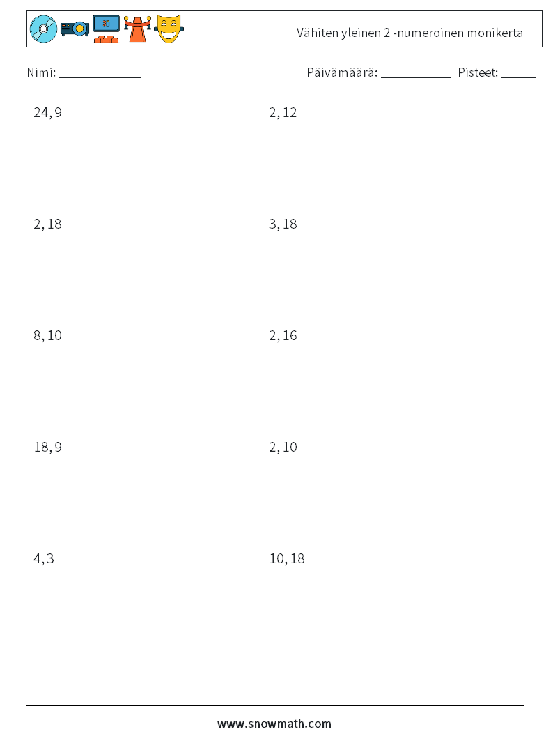 Vähiten yleinen 2 -numeroinen monikerta Matematiikan laskentataulukot 2