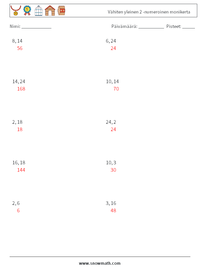 Vähiten yleinen 2 -numeroinen monikerta Matematiikan laskentataulukot 3 Kysymys, vastaus