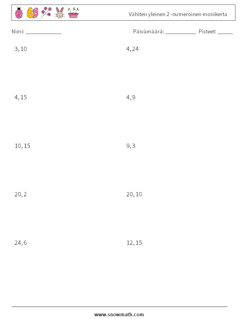 Vähiten yleinen 2 -numeroinen monikerta Matematiikan laskentataulukot 4