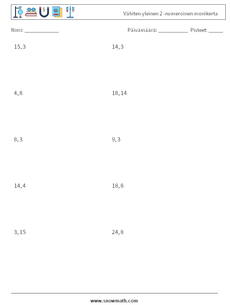 Vähiten yleinen 2 -numeroinen monikerta Matematiikan laskentataulukot 5