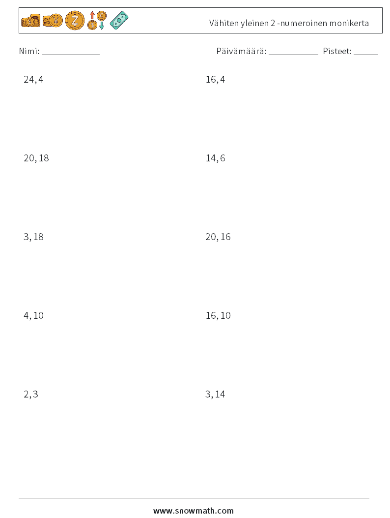 Vähiten yleinen 2 -numeroinen monikerta Matematiikan laskentataulukot 6