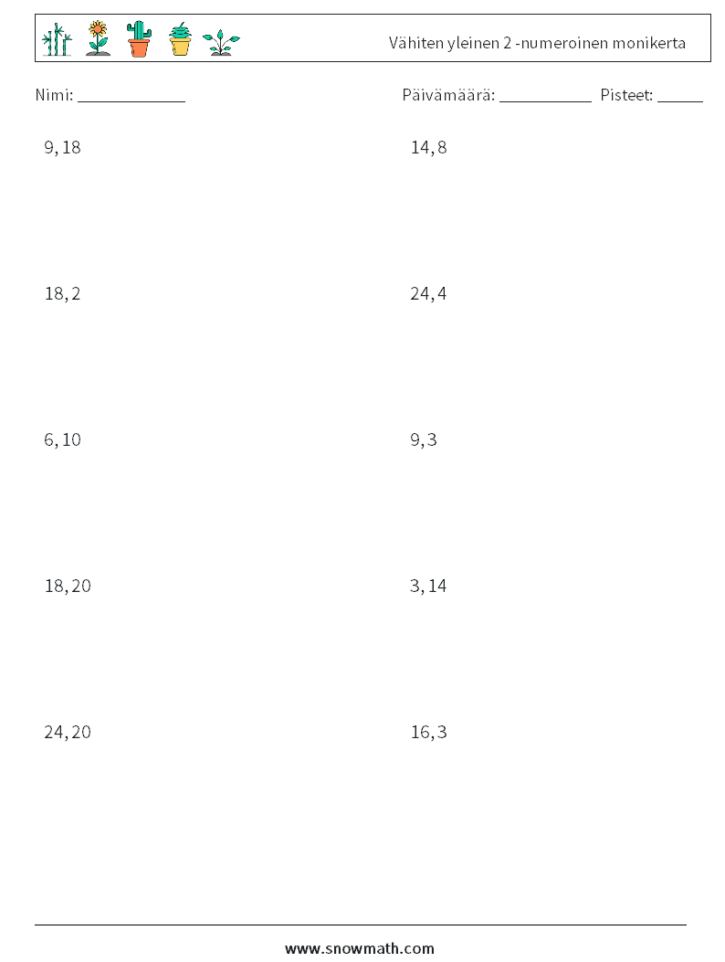 Vähiten yleinen 2 -numeroinen monikerta Matematiikan laskentataulukot 7