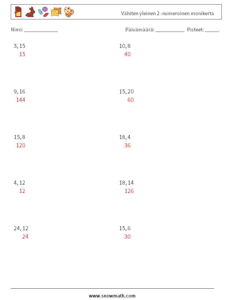 Vähiten yleinen 2 -numeroinen monikerta Matematiikan laskentataulukot 8 Kysymys, vastaus