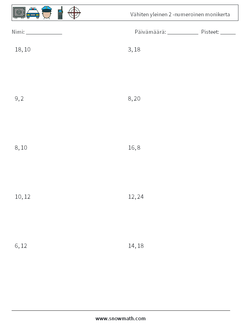 Vähiten yleinen 2 -numeroinen monikerta Matematiikan laskentataulukot 9