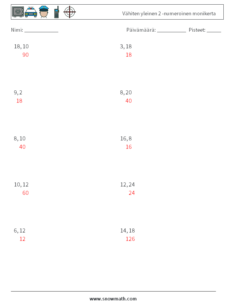 Vähiten yleinen 2 -numeroinen monikerta Matematiikan laskentataulukot 9 Kysymys, vastaus