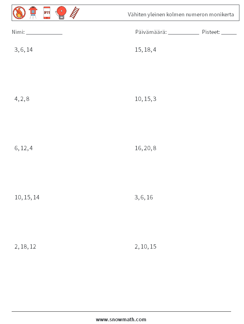 Vähiten yleinen kolmen numeron monikerta Matematiikan laskentataulukot 2