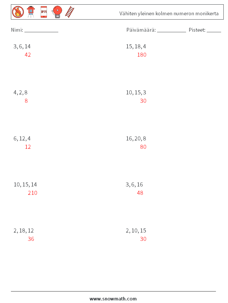 Vähiten yleinen kolmen numeron monikerta Matematiikan laskentataulukot 2 Kysymys, vastaus