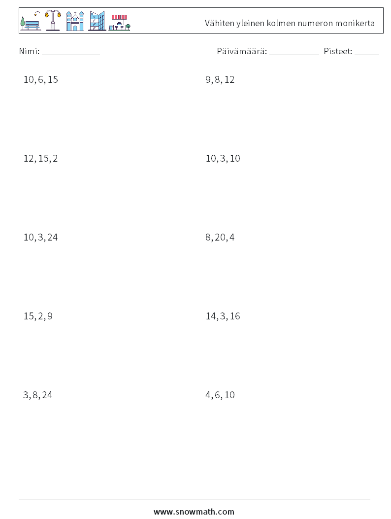 Vähiten yleinen kolmen numeron monikerta Matematiikan laskentataulukot 3