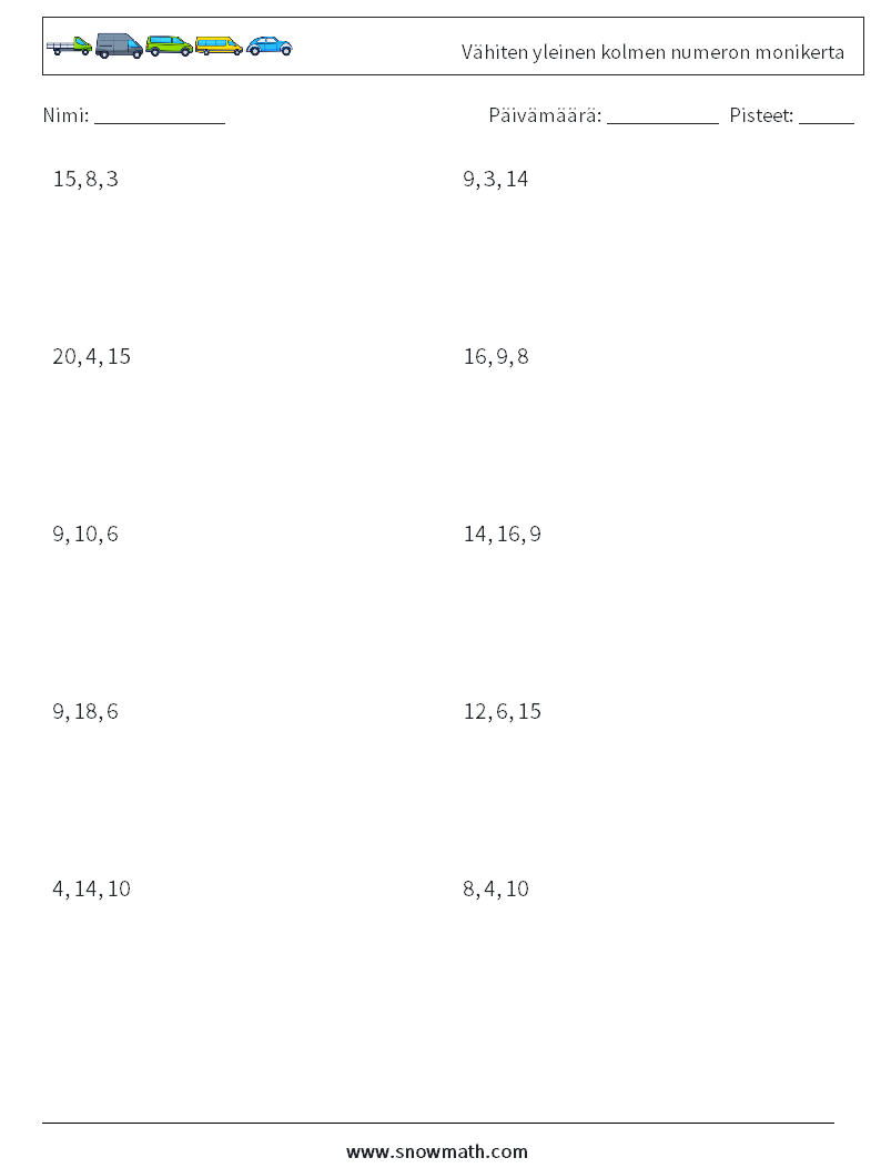 Vähiten yleinen kolmen numeron monikerta Matematiikan laskentataulukot 4