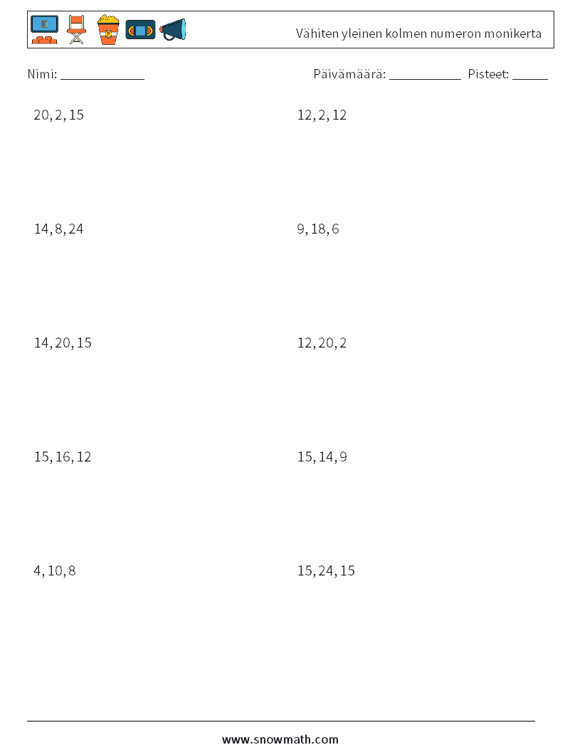 Vähiten yleinen kolmen numeron monikerta Matematiikan laskentataulukot 7