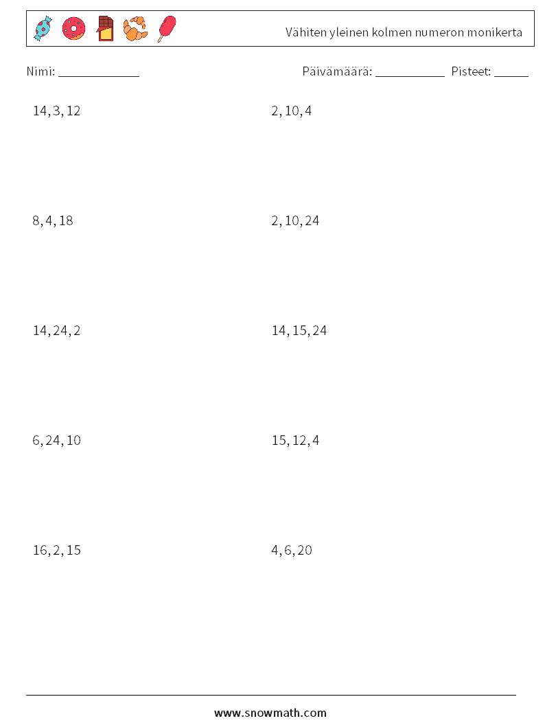 Vähiten yleinen kolmen numeron monikerta Matematiikan laskentataulukot 8