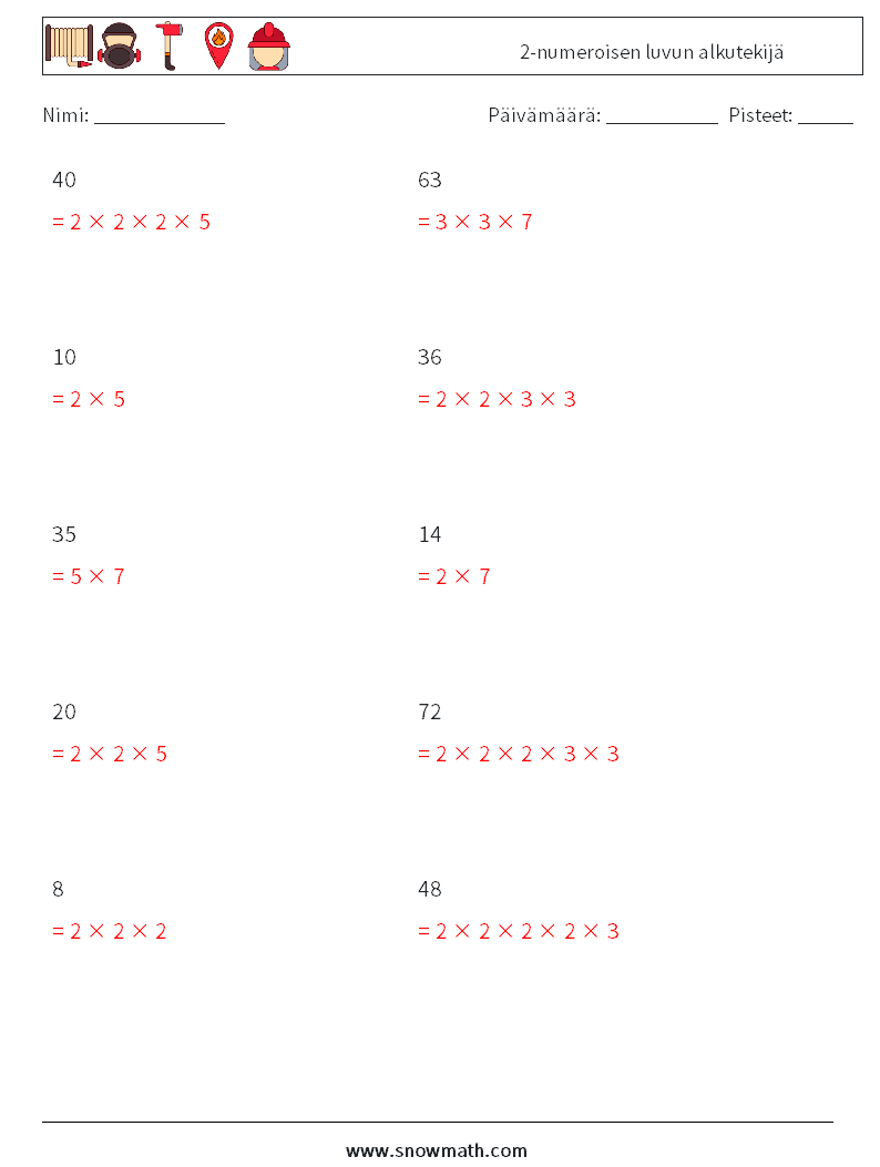 2-numeroisen luvun alkutekijä Matematiikan laskentataulukot 1 Kysymys, vastaus