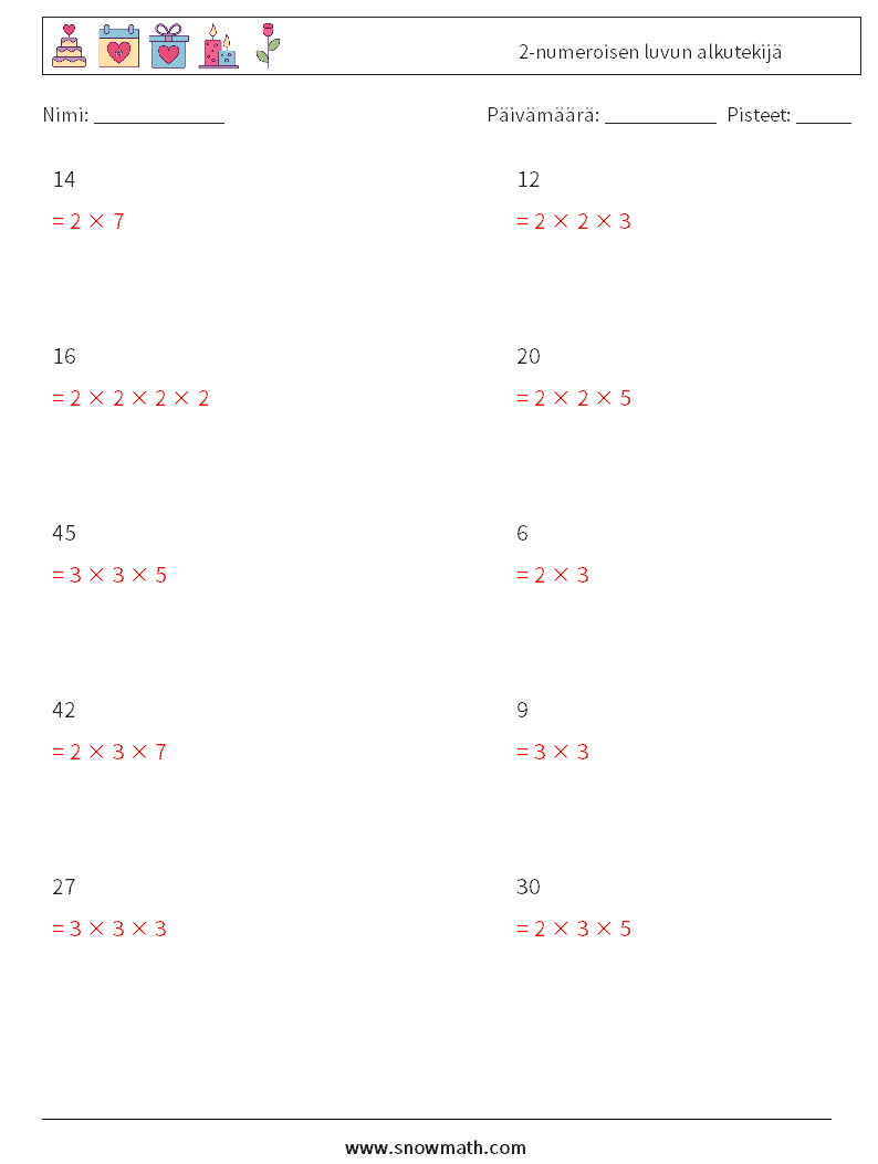 2-numeroisen luvun alkutekijä Matematiikan laskentataulukot 2 Kysymys, vastaus