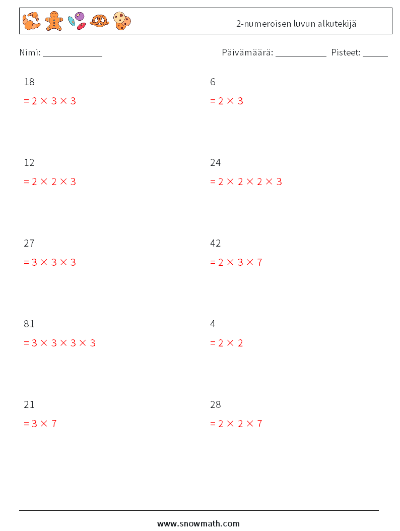 2-numeroisen luvun alkutekijä Matematiikan laskentataulukot 4 Kysymys, vastaus