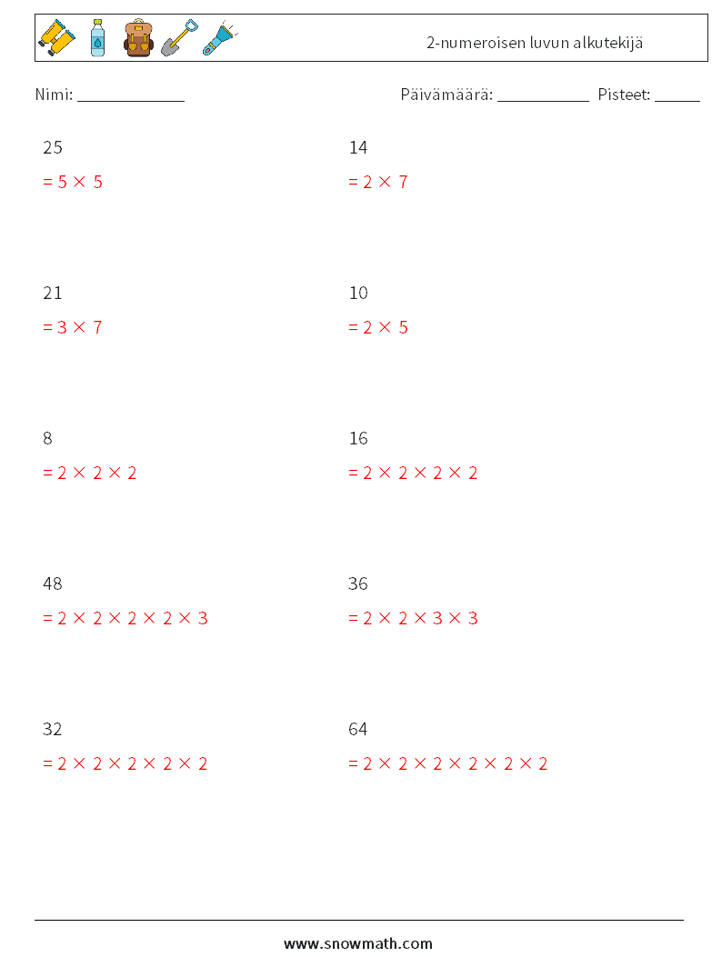 2-numeroisen luvun alkutekijä Matematiikan laskentataulukot 5 Kysymys, vastaus