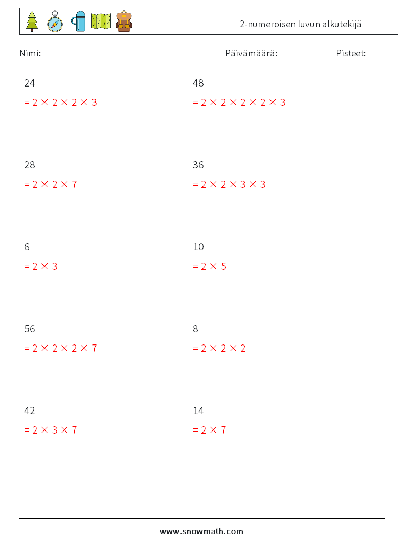 2-numeroisen luvun alkutekijä Matematiikan laskentataulukot 7 Kysymys, vastaus