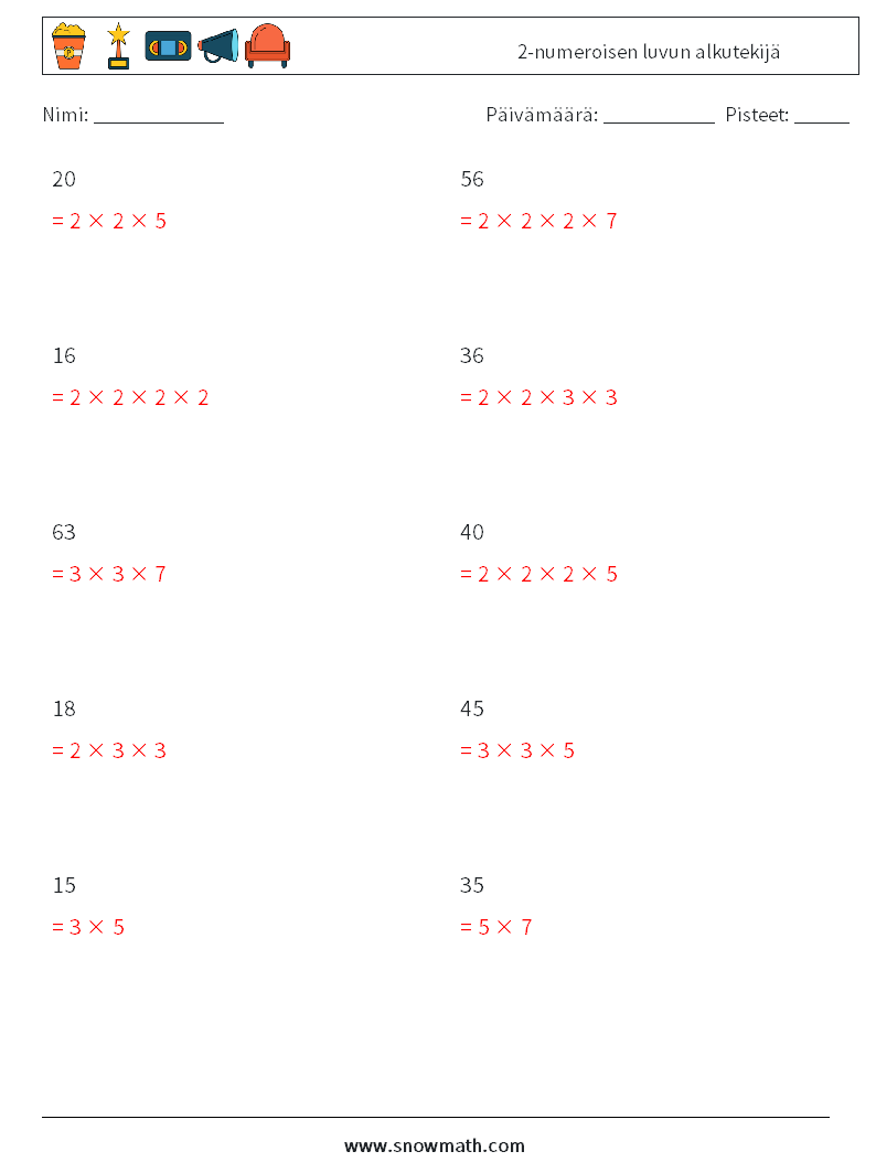 2-numeroisen luvun alkutekijä Matematiikan laskentataulukot 9 Kysymys, vastaus