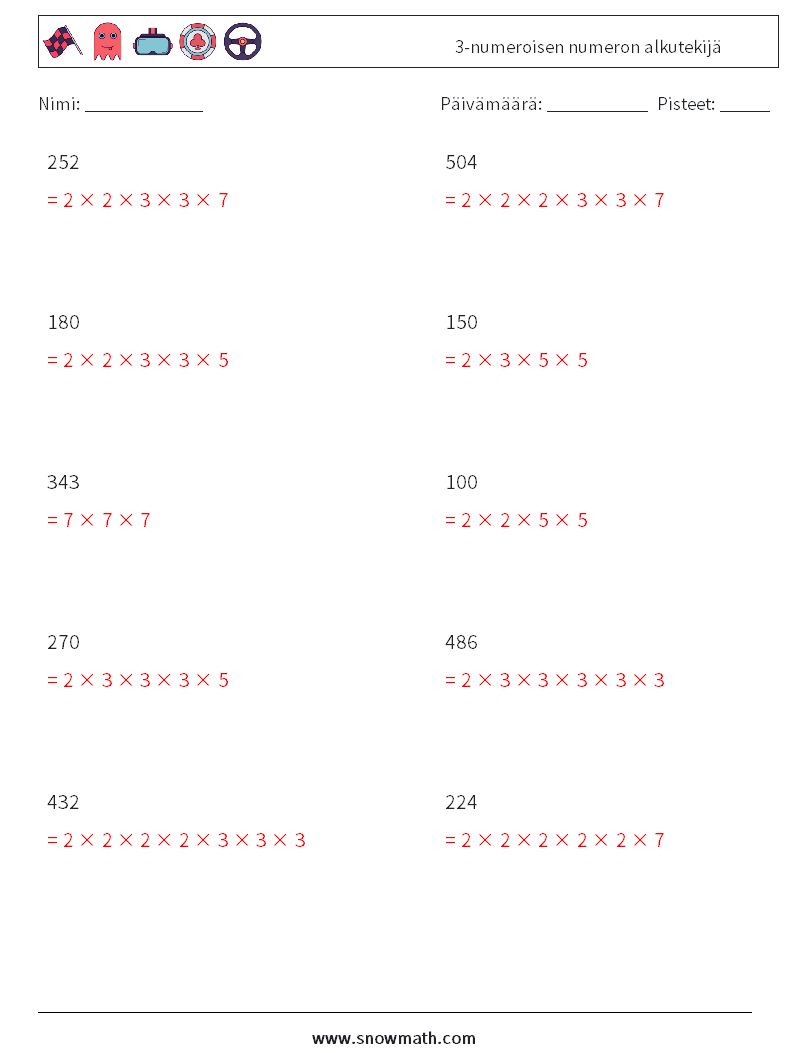 3-numeroisen numeron alkutekijä Matematiikan laskentataulukot 9 Kysymys, vastaus