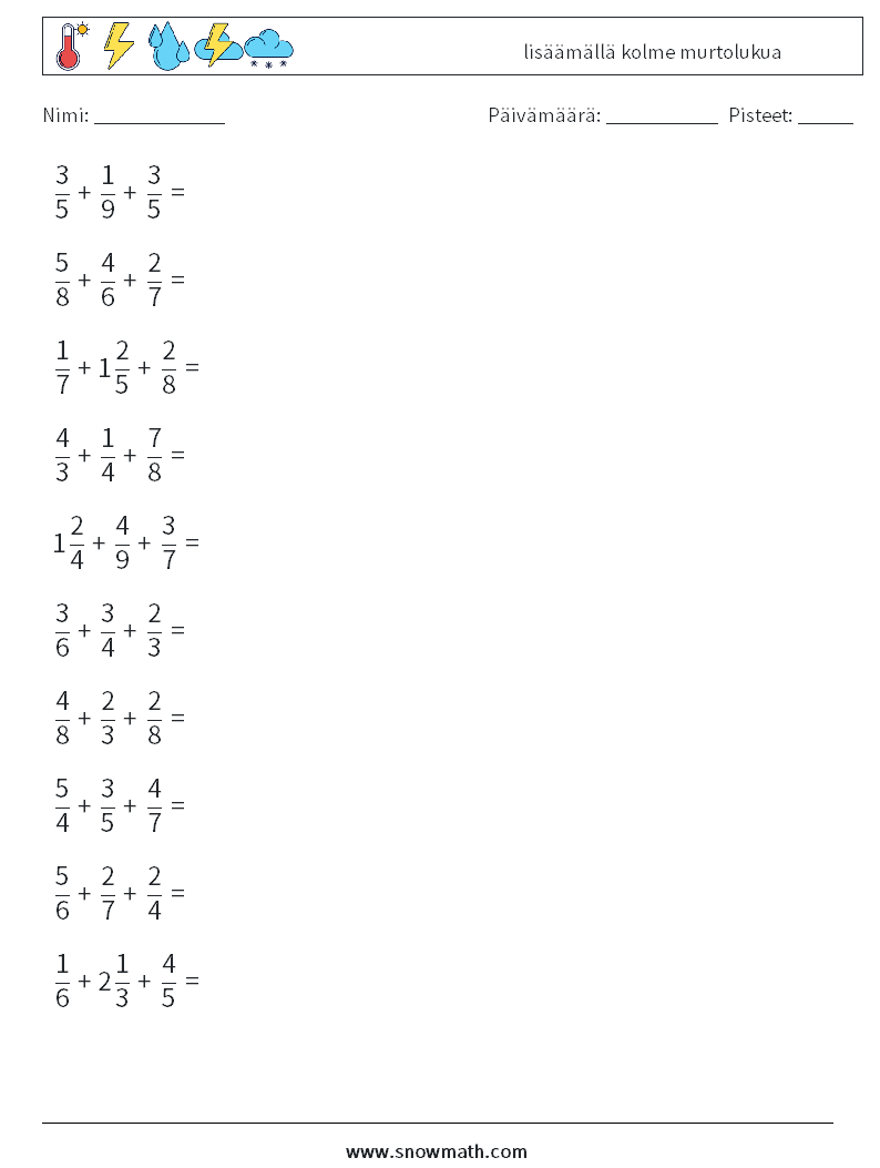 (10) lisäämällä kolme murtolukua Matematiikan laskentataulukot 10