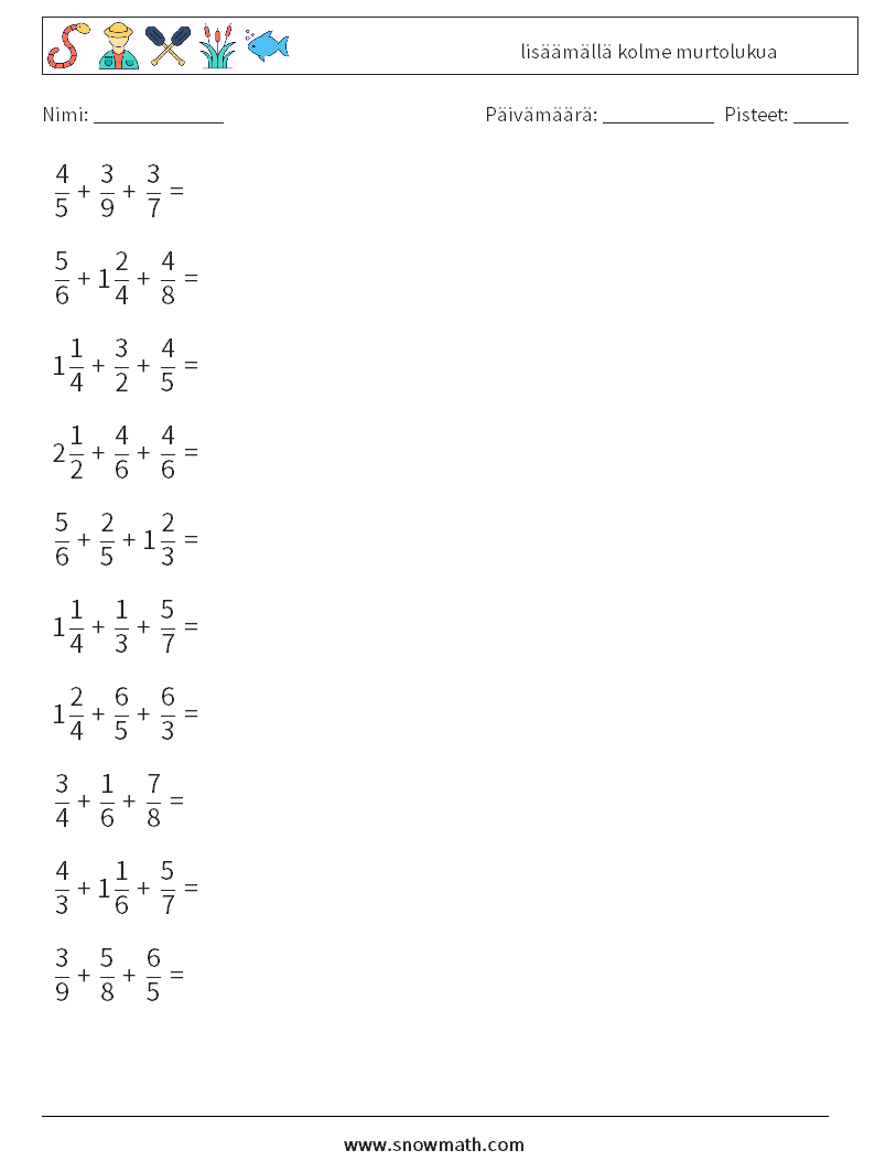 (10) lisäämällä kolme murtolukua Matematiikan laskentataulukot 12