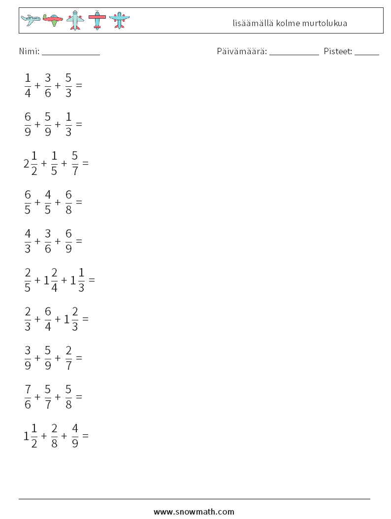 (10) lisäämällä kolme murtolukua Matematiikan laskentataulukot 14