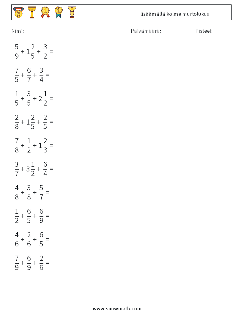 (10) lisäämällä kolme murtolukua Matematiikan laskentataulukot 15