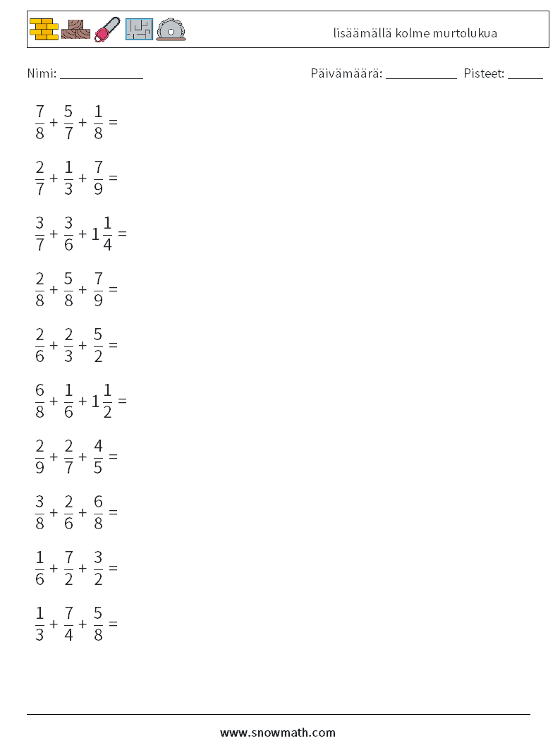 (10) lisäämällä kolme murtolukua Matematiikan laskentataulukot 17