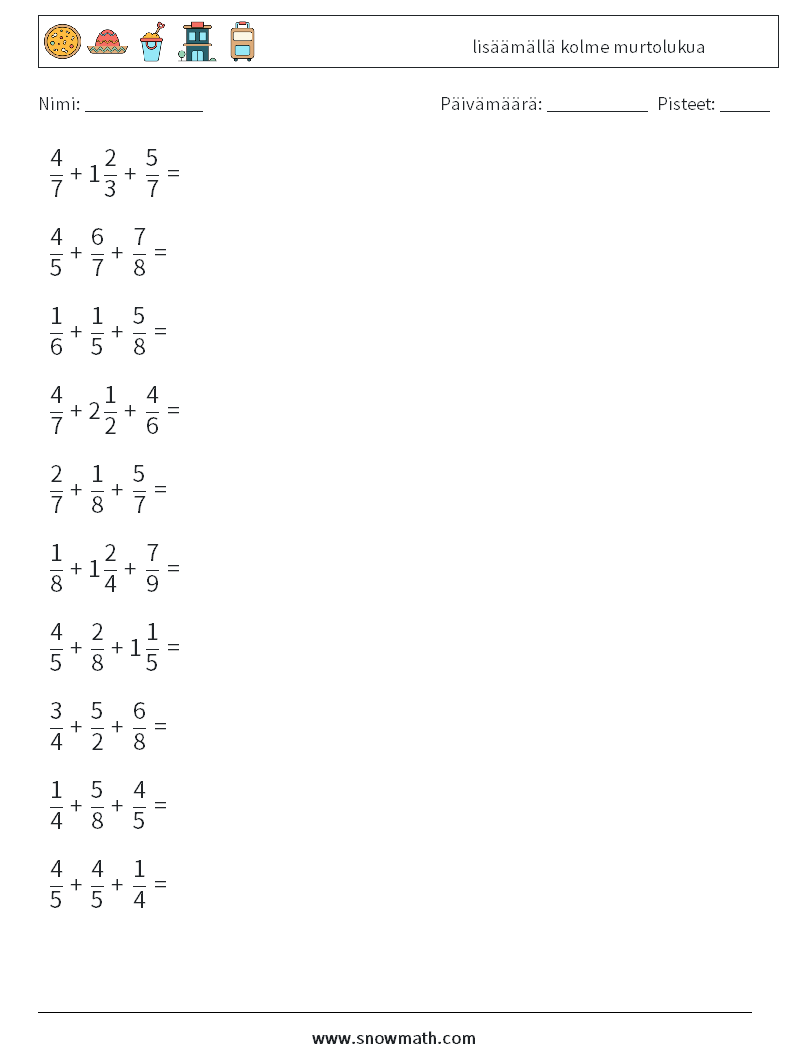 (10) lisäämällä kolme murtolukua Matematiikan laskentataulukot 18