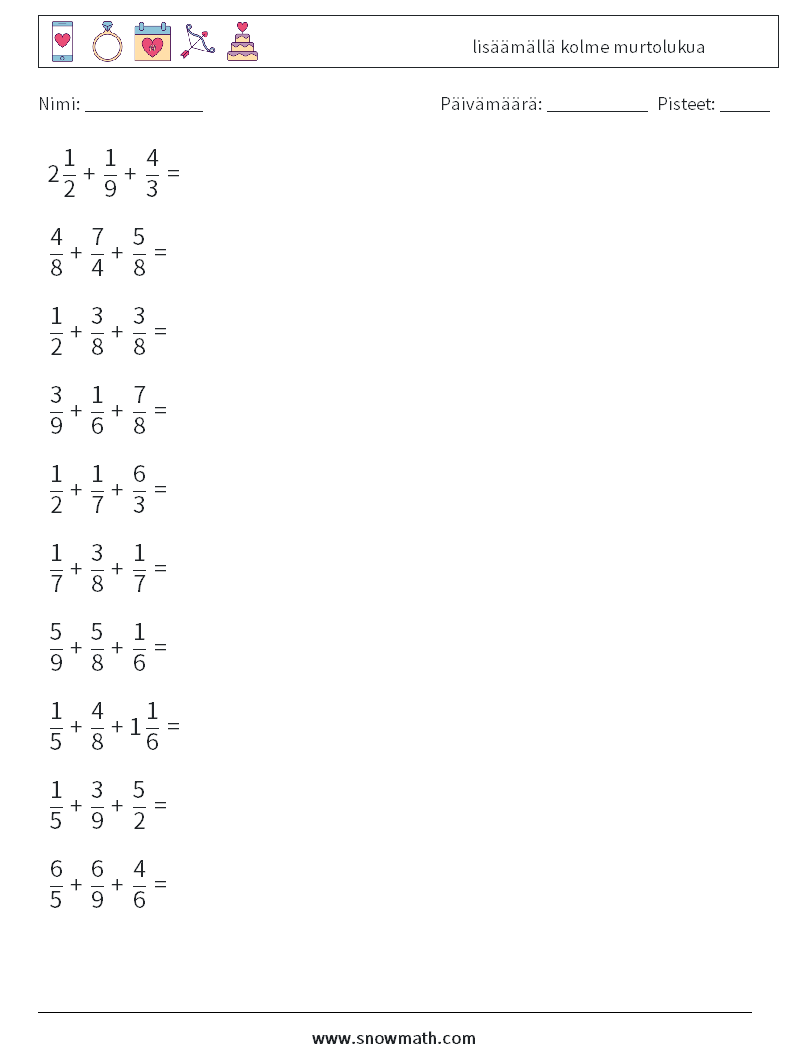 (10) lisäämällä kolme murtolukua Matematiikan laskentataulukot 2