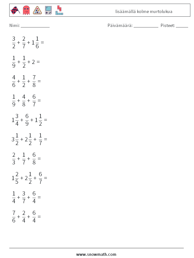 (10) lisäämällä kolme murtolukua Matematiikan laskentataulukot 3