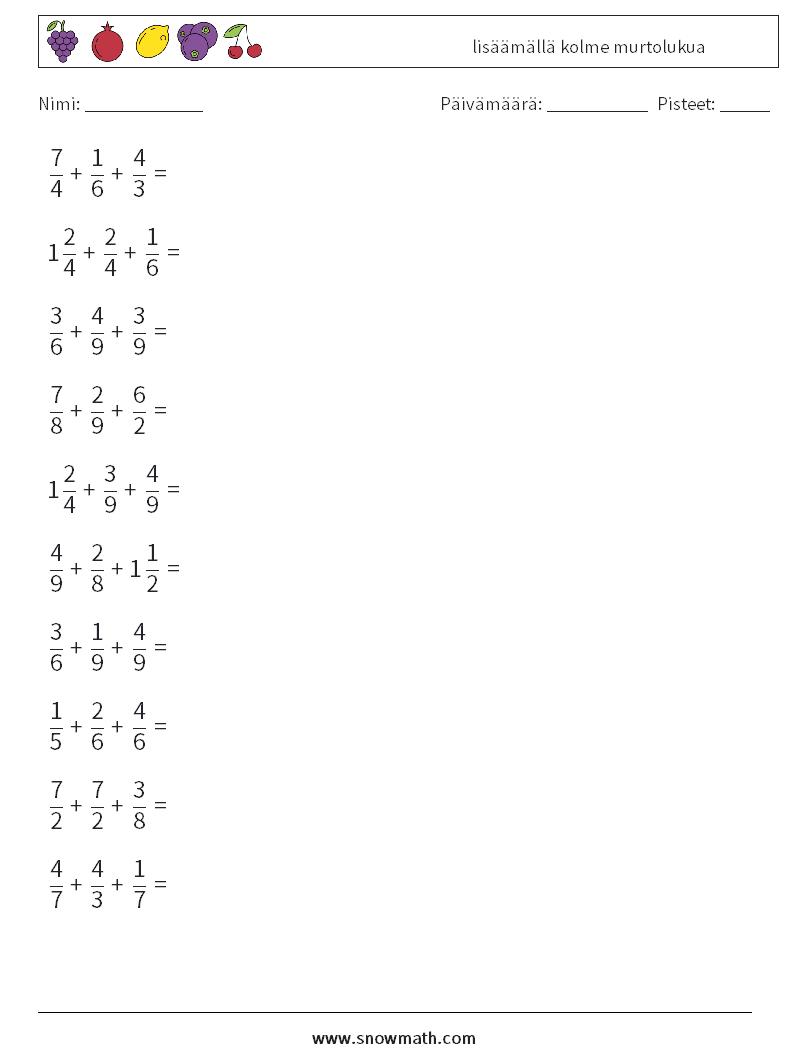 (10) lisäämällä kolme murtolukua Matematiikan laskentataulukot 5