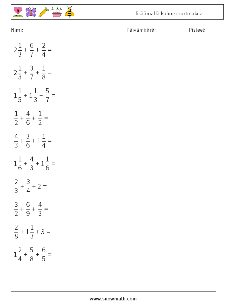 (10) lisäämällä kolme murtolukua Matematiikan laskentataulukot 9