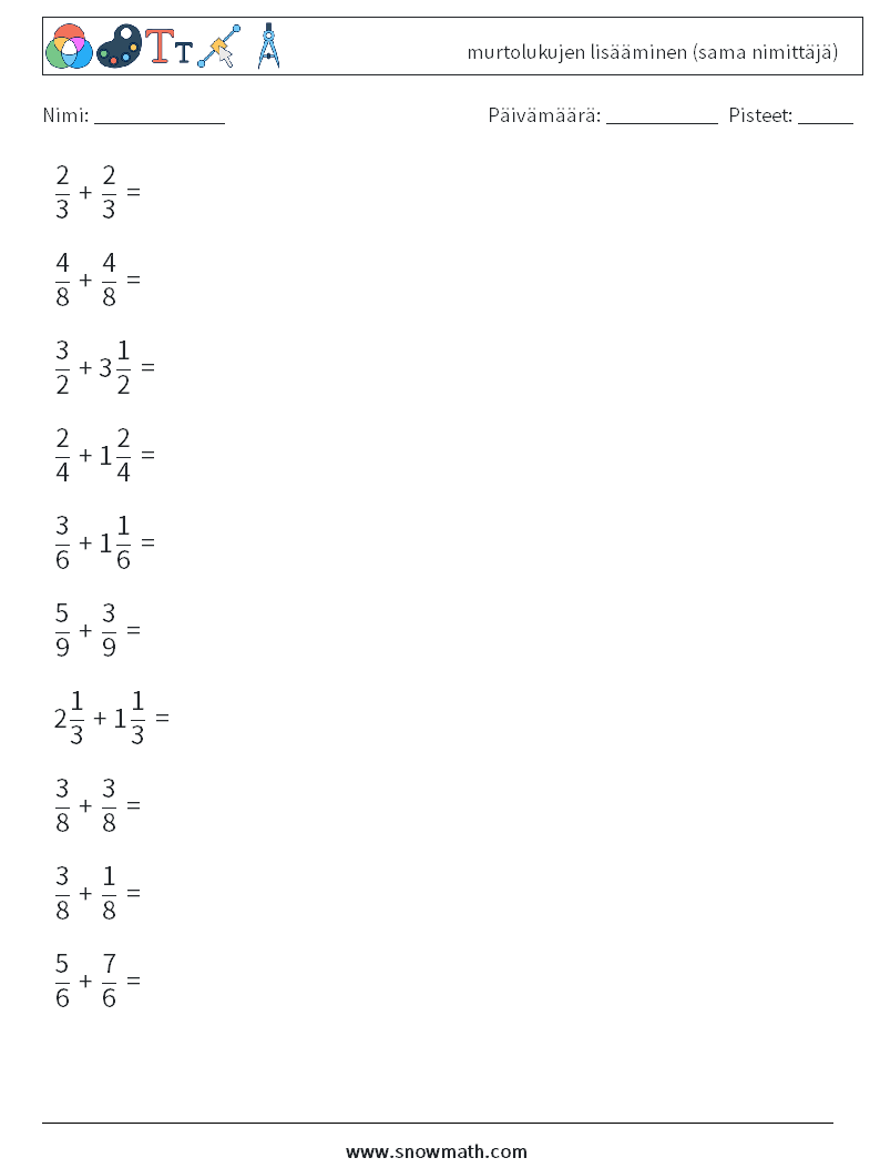 (10) murtolukujen lisääminen (sama nimittäjä) Matematiikan laskentataulukot 10