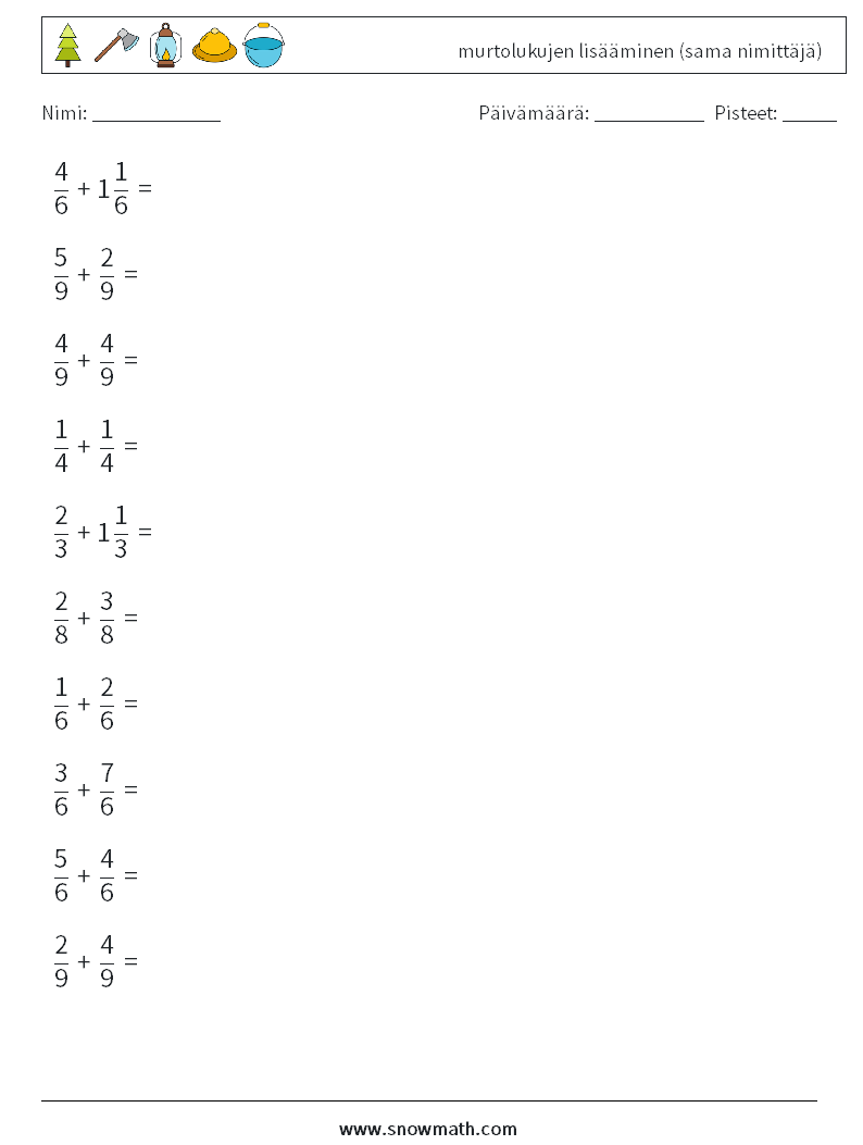 (10) murtolukujen lisääminen (sama nimittäjä) Matematiikan laskentataulukot 11