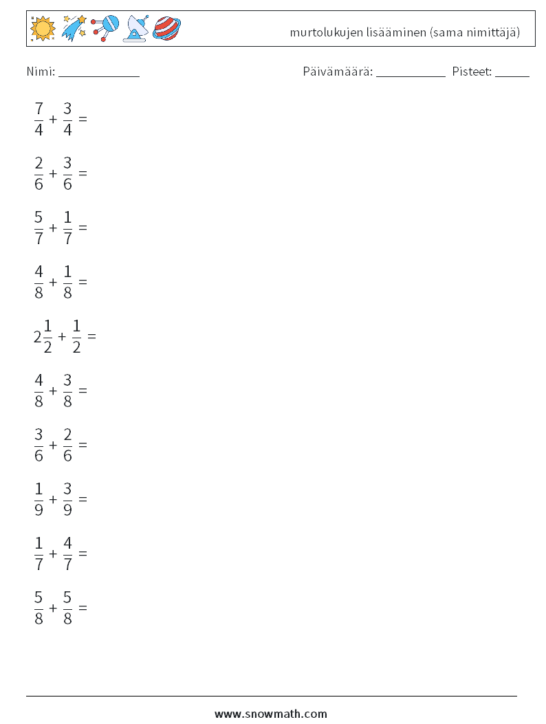 (10) murtolukujen lisääminen (sama nimittäjä) Matematiikan laskentataulukot 13