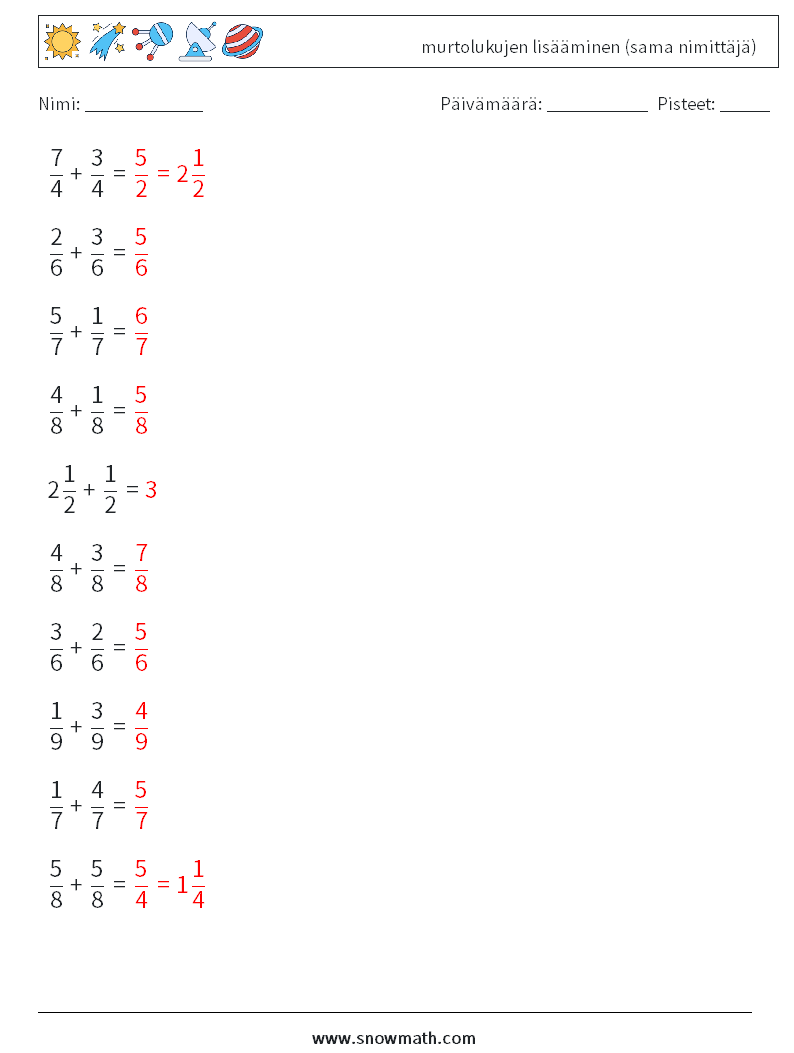 (10) murtolukujen lisääminen (sama nimittäjä) Matematiikan laskentataulukot 13 Kysymys, vastaus