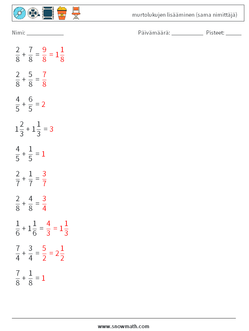 (10) murtolukujen lisääminen (sama nimittäjä) Matematiikan laskentataulukot 17 Kysymys, vastaus