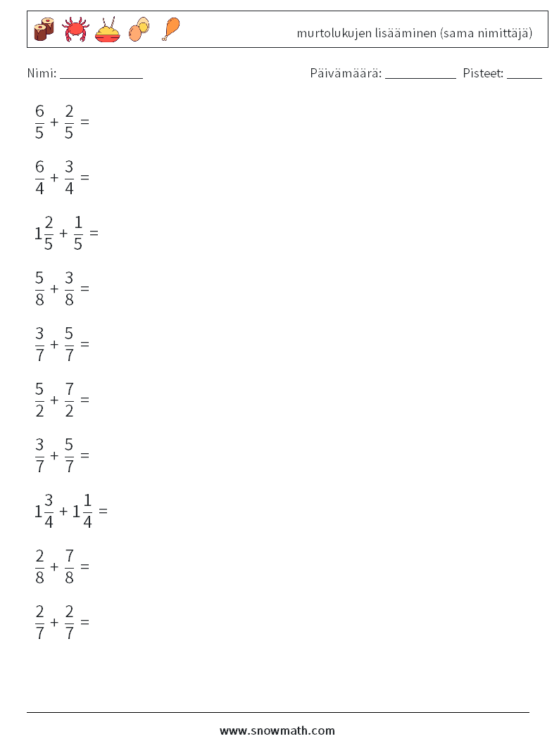 (10) murtolukujen lisääminen (sama nimittäjä) Matematiikan laskentataulukot 2