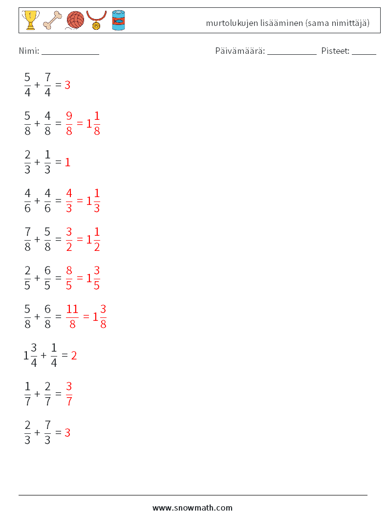 (10) murtolukujen lisääminen (sama nimittäjä) Matematiikan laskentataulukot 6 Kysymys, vastaus