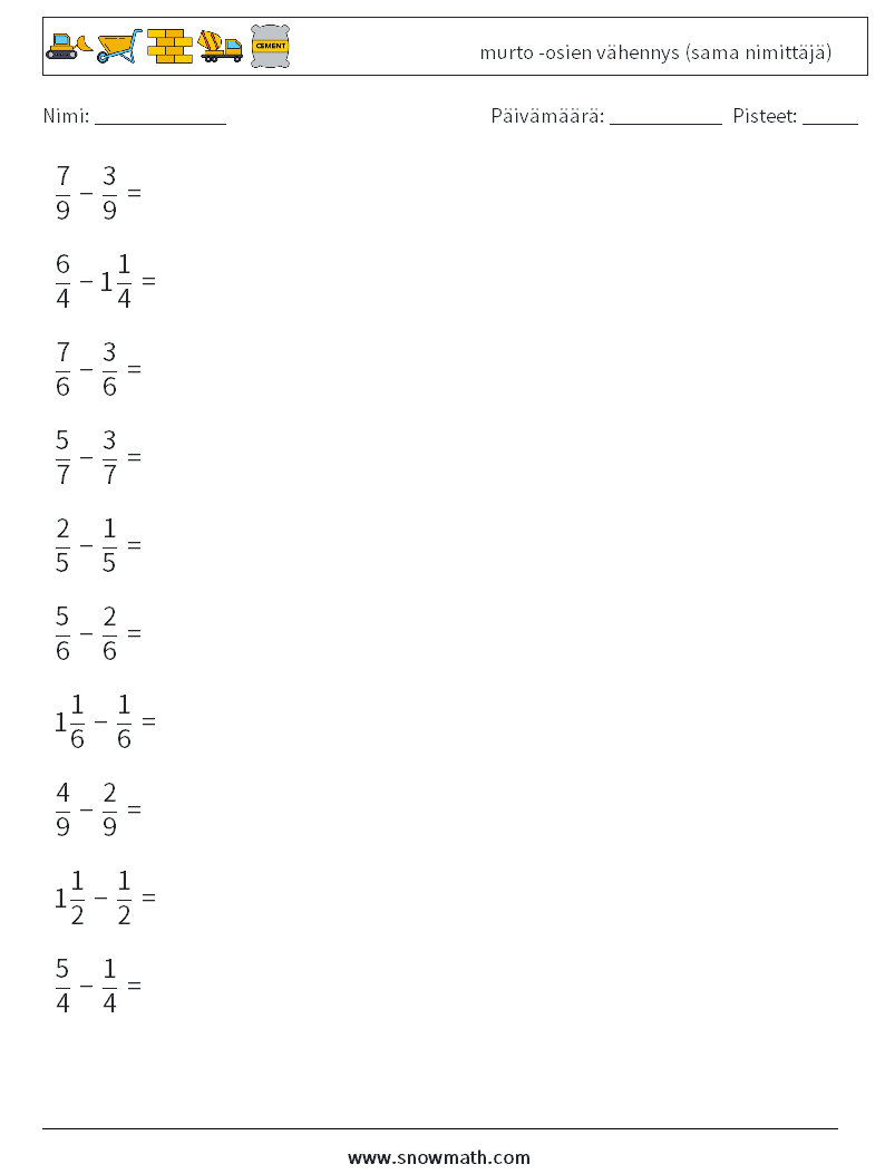(10) murto -osien vähennys (sama nimittäjä) Matematiikan laskentataulukot 10