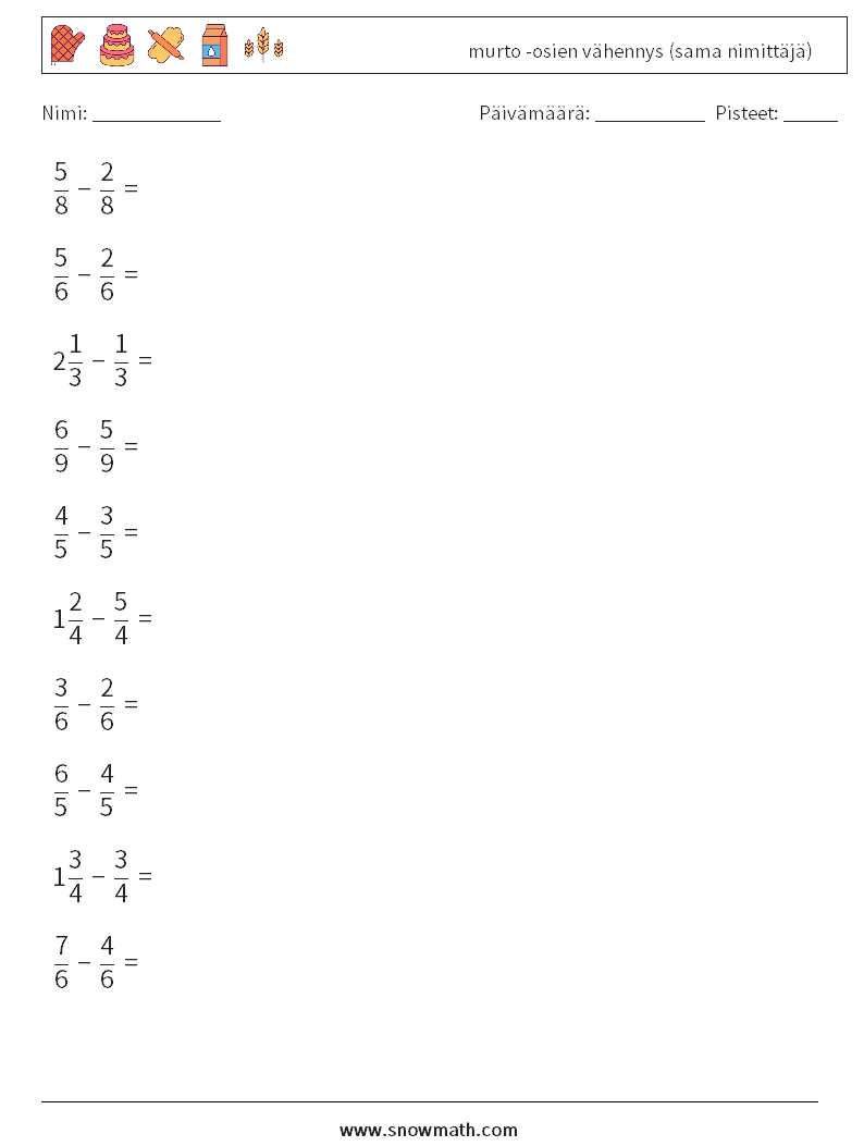 (10) murto -osien vähennys (sama nimittäjä) Matematiikan laskentataulukot 12