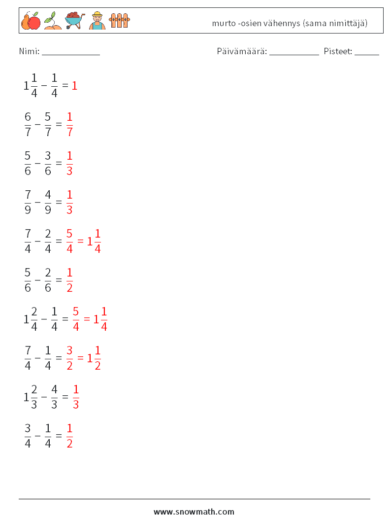 (10) murto -osien vähennys (sama nimittäjä) Matematiikan laskentataulukot 13 Kysymys, vastaus