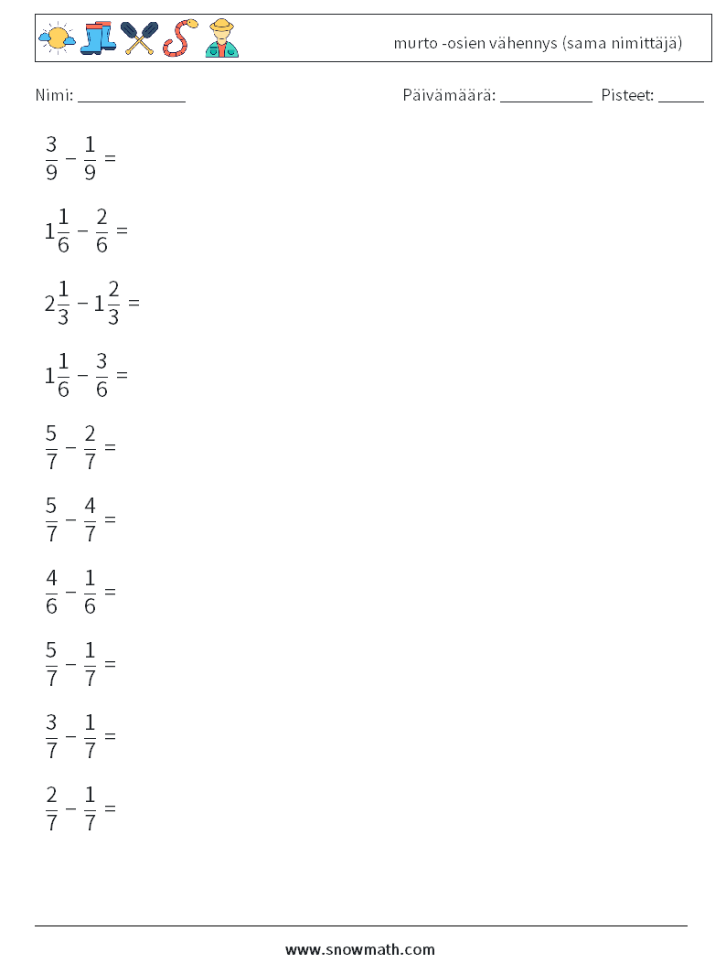 (10) murto -osien vähennys (sama nimittäjä) Matematiikan laskentataulukot 14